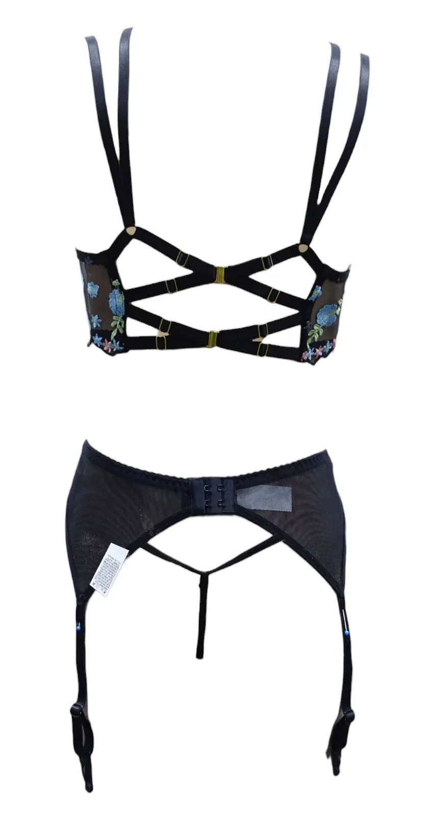 Escante 3 PC Emroidered Lace Underwire Cup Long Line Bra Set with Garterbelt & Panty Twilight Black