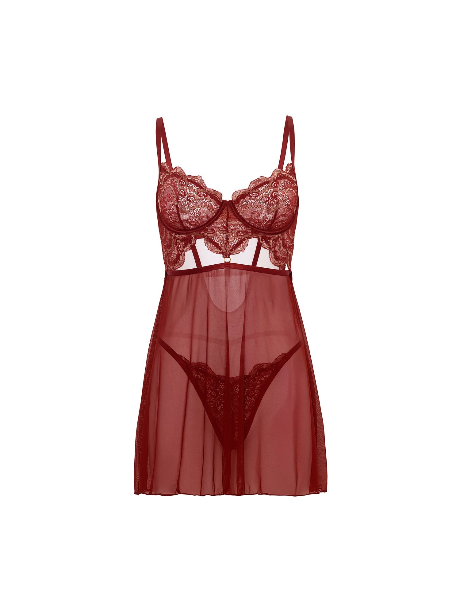 Arielle Unlined Underwire Lace Babydoll with G-String 3 PC Set Burgundy