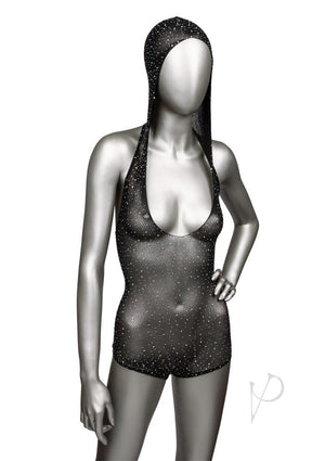 Radiance Hooded Deep V Body Suit with Rhinestone Dots Black