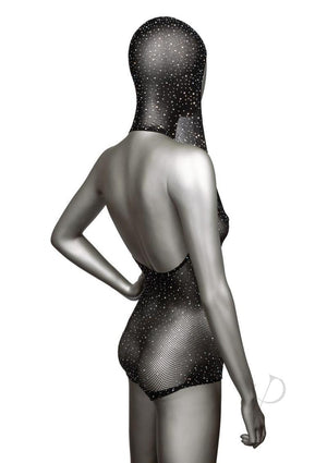 Radiance Hooded Deep V Body Suit with Rhinestone Dots Black