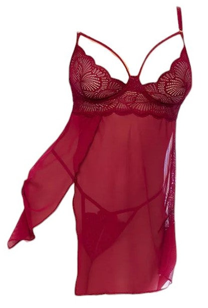 Mapale Holiday Lace Babydoll with Underwire Cup & Side Slits and Matching Thong Rosewood Red