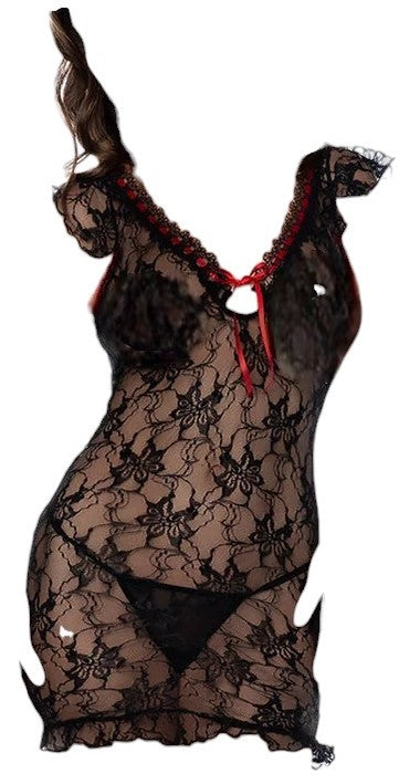 Mapale Holiday Floral Lace Babydoll with Ruched Back and Matching Thong Black