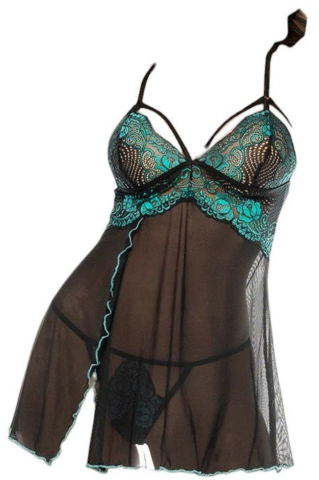 Mapale Holiday 2 Tone Lace Babydoll with Side Slit and Matching Thong Black Emerald