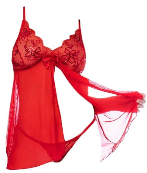 Mapale Holiday 2 Sequin and Floral Design Babydoll with Front Opening and Matching Thong Red