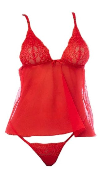 Mapale Holiday Lace and Stretch Mesh Babydoll with Matching Thong Red