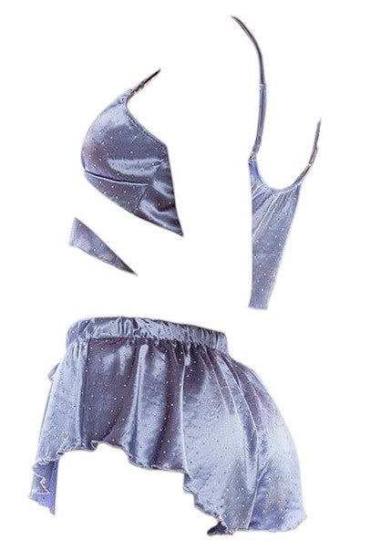 Mapale 2 PC Satin Top and Shorts Set with Rhinestone Sparkles Sparkling Steele Blue