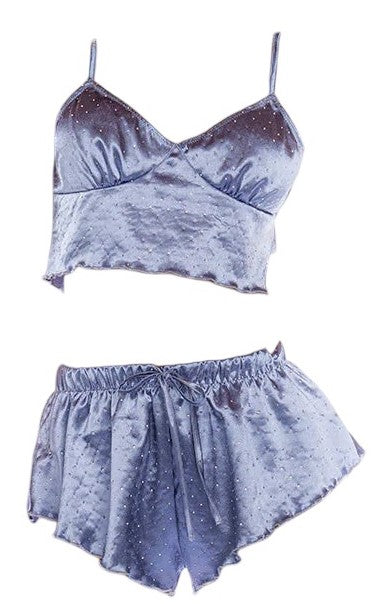 Mapale 2 PC Satin Top and Shorts Set with Rhinestone Sparkles Sparkling Steele Blue