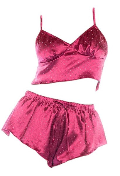 Mapale 2 PC Satin Top and Shorts Set with Rhinestone Sparkles Sparkling Fuchsia