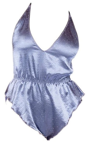 Mapale Satin Romper with Elastic Waist & Rhinestone Sparkles Sparkling Steele Blue