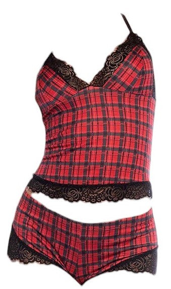 Mapale Holiday 2 PC Crop Top and Shorts Set with Eyelash Lace Trim Plaid Print