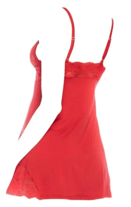 Mapale Holiday Festive Stretch Fabric Sleep Chemise with Lace Cups Red