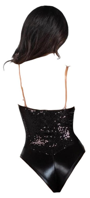 Leg Avenue 2 PC Sequin Boned Snap Crotch Bodysuit with Detachable Clear Strap Black