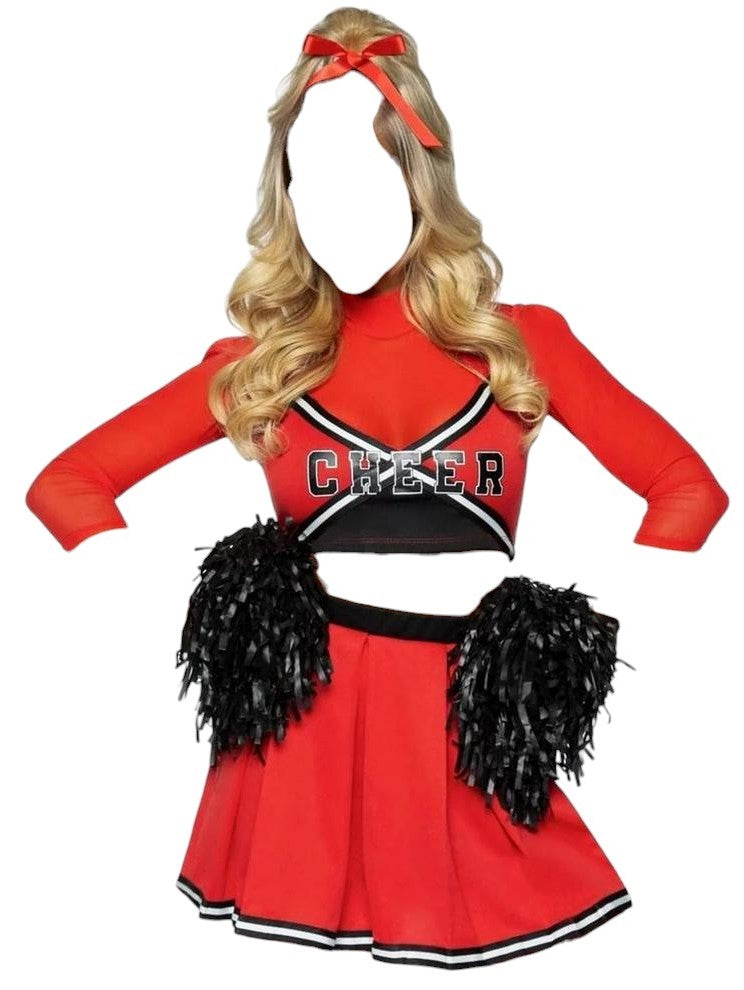 Leg Avenue 3 PC Varsity Babe Set Crop Top with Pleated Skirt & Pom Poms Red