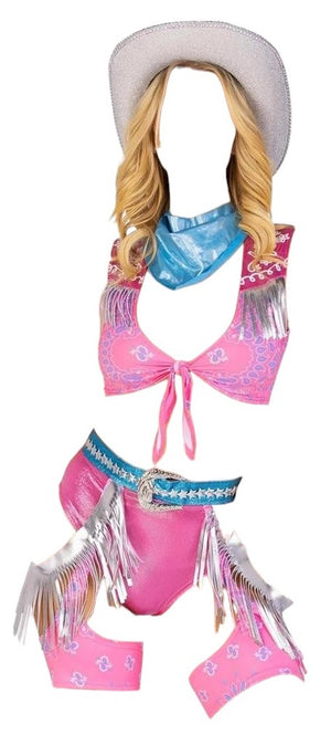 Leg Avenue 4 PC Space Cowgirl Set Bandana Print Tie Front Crop Top with High Waist Bottoms & Chaps Pink