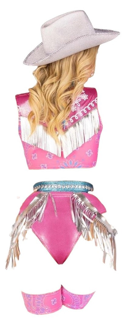 Leg Avenue 4 PC Space Cowgirl Set Bandana Print Tie Front Crop Top with High Waist Bottoms & Chaps Pink