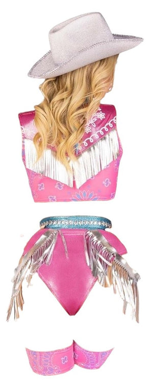 Leg Avenue 4 PC Space Cowgirl Set Bandana Print Tie Front Crop Top with High Waist Bottoms & Chaps Pink