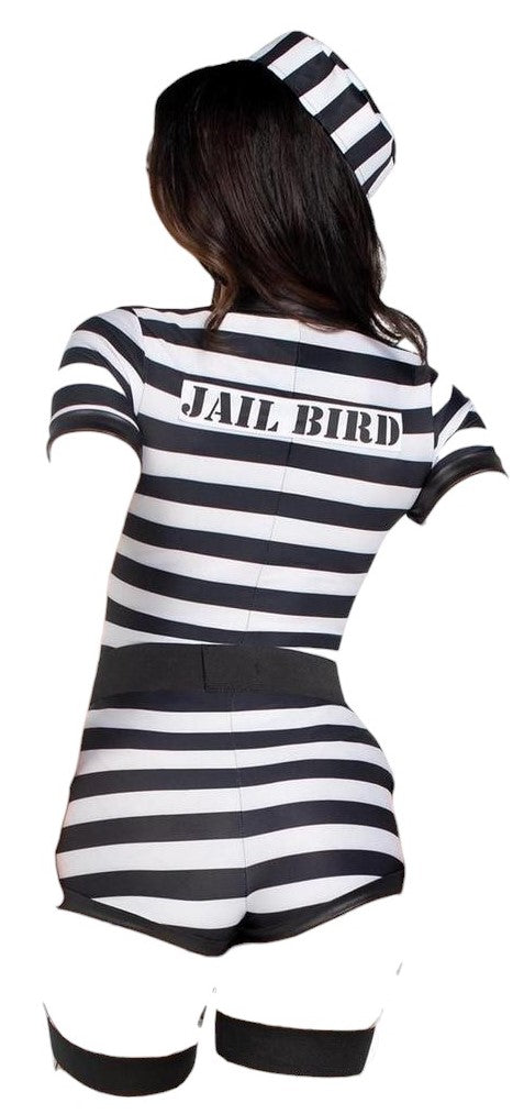 Leg Avenue 3 PC Jail Bird Set Striped Romper with Badge Accents & Handcuff Belt Harness Black/White