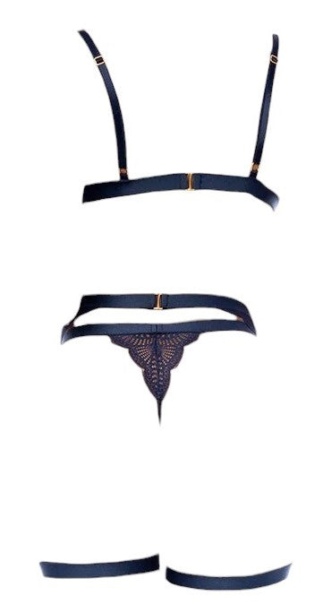 Mapale Holiday 3 PC Semi Open Cup Bralette with Matching Garter Belt & Thong Midnight Blue