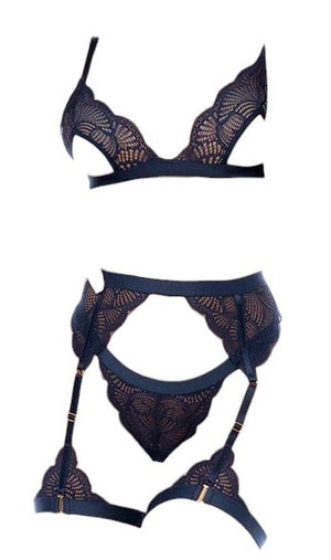 Mapale Holiday 3 PC Semi Open Cup Bralette with Matching Garter Belt & Thong Midnight Blue