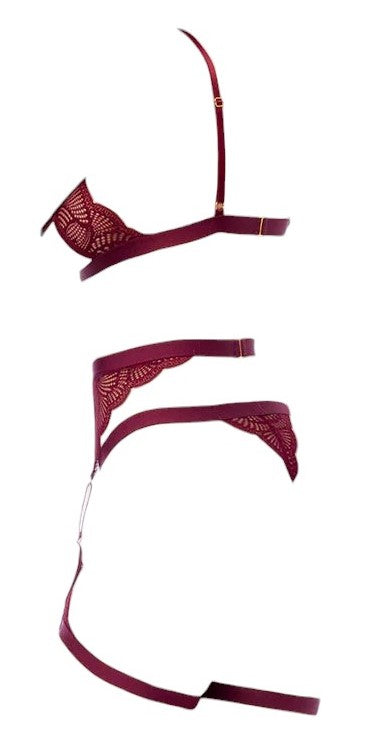 Mapale Holiday 3 PC Semi Open Cup Bralette with Matching Garter Belt & Thong Rosewood Red