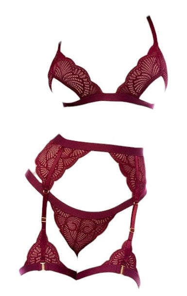 Mapale Holiday 3 PC Semi Open Cup Bralette with Matching Garter Belt & Thong Rosewood Red