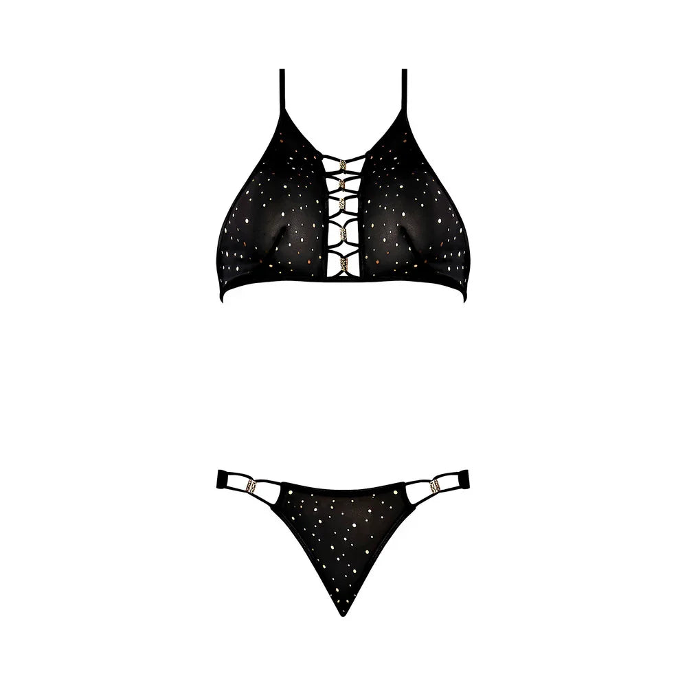 Magic Silk Glitz & Glam Halter Mesh Bralette & Panty with Gold Dotted Sequins Black