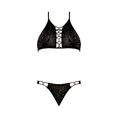 Magic Silk Glitz & Glam Halter Mesh Bralette & Panty with Gold Dotted Sequins Black