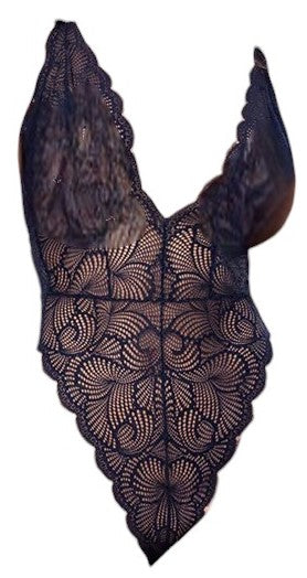 Mapale Holiday Wavy Lace Bodysuit with Plunging Neckline, Open Back & Adjustable Crotch Fastening Midnight Blue