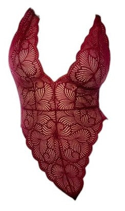 Mapale Holiday Wavy Lace Bodysuit with Plunging Neckline, Open Back & Adjustable Crotch Fastening Rosewood Red