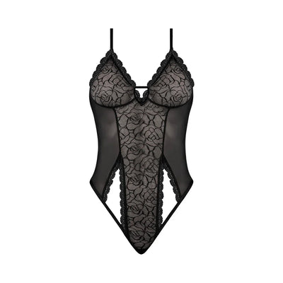 Magic Silk Soft Petals Floral Mesh Hatler Style Peek-A-Boo Teddy Bodysuit with Snap Crotch Set Black