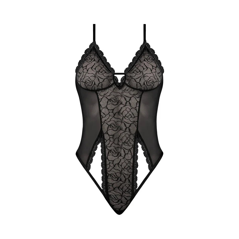 Magic Silk Soft Petals Floral Mesh Hatler Style Peek-A-Boo Teddy Bodysuit with Snap Crotch Set Black