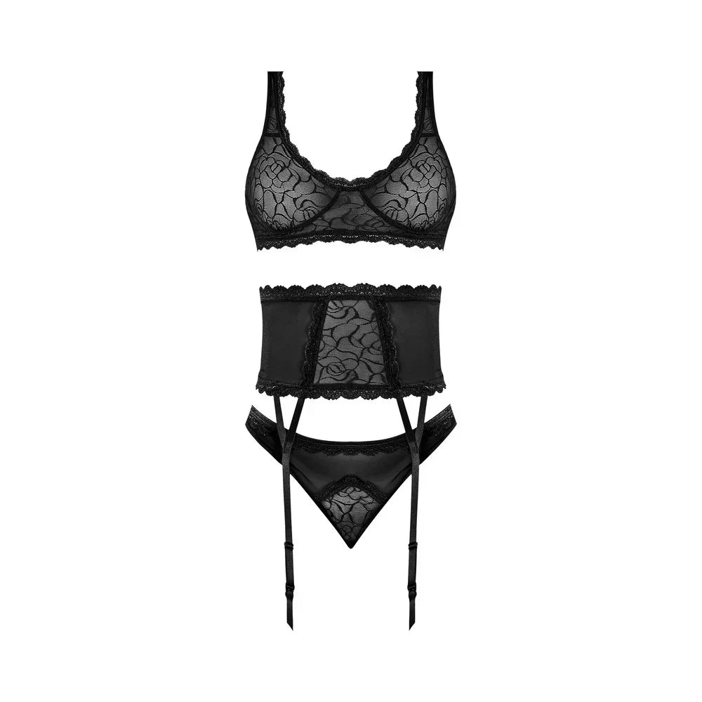 Magic Silk Soft Petals Floral Mesh Bralette with Waist Cincher, Garter Straps & Cheeky Panty Black