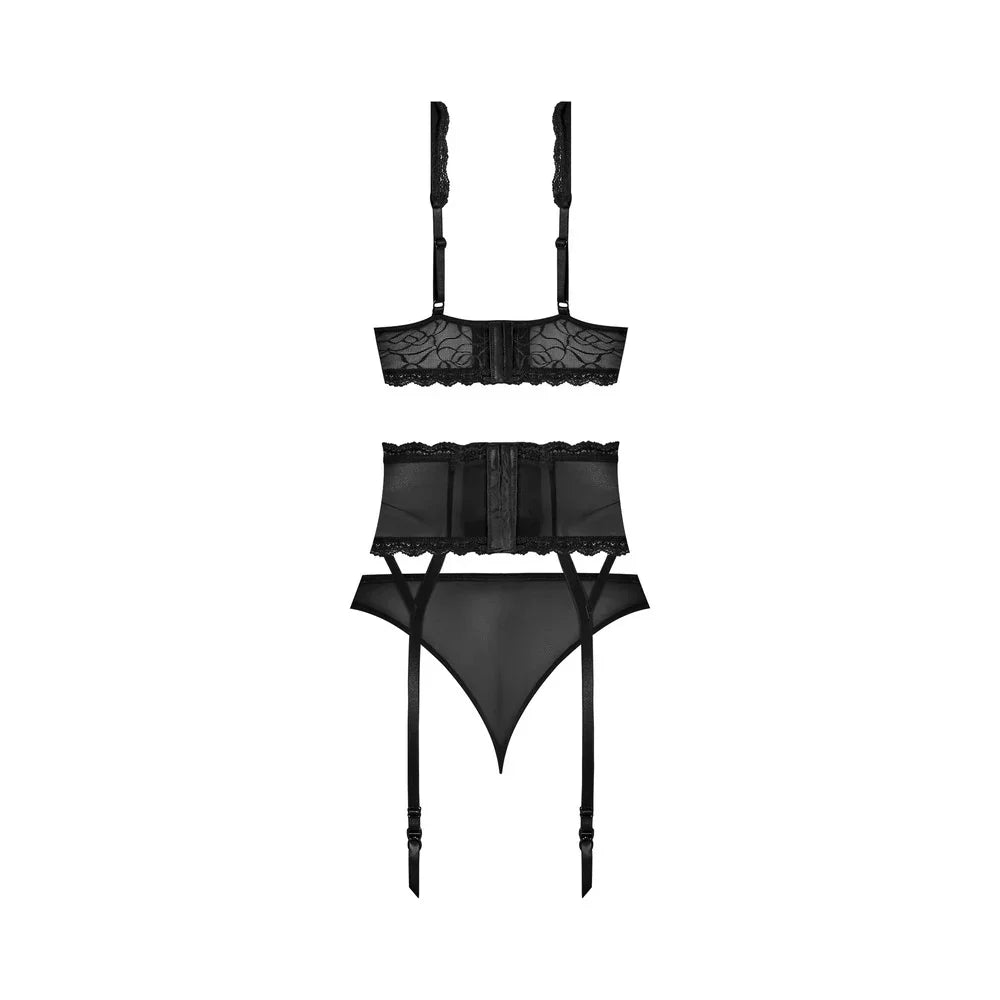 Magic Silk Soft Petals Floral Mesh Bralette with Waist Cincher, Garter Straps & Cheeky Panty Black