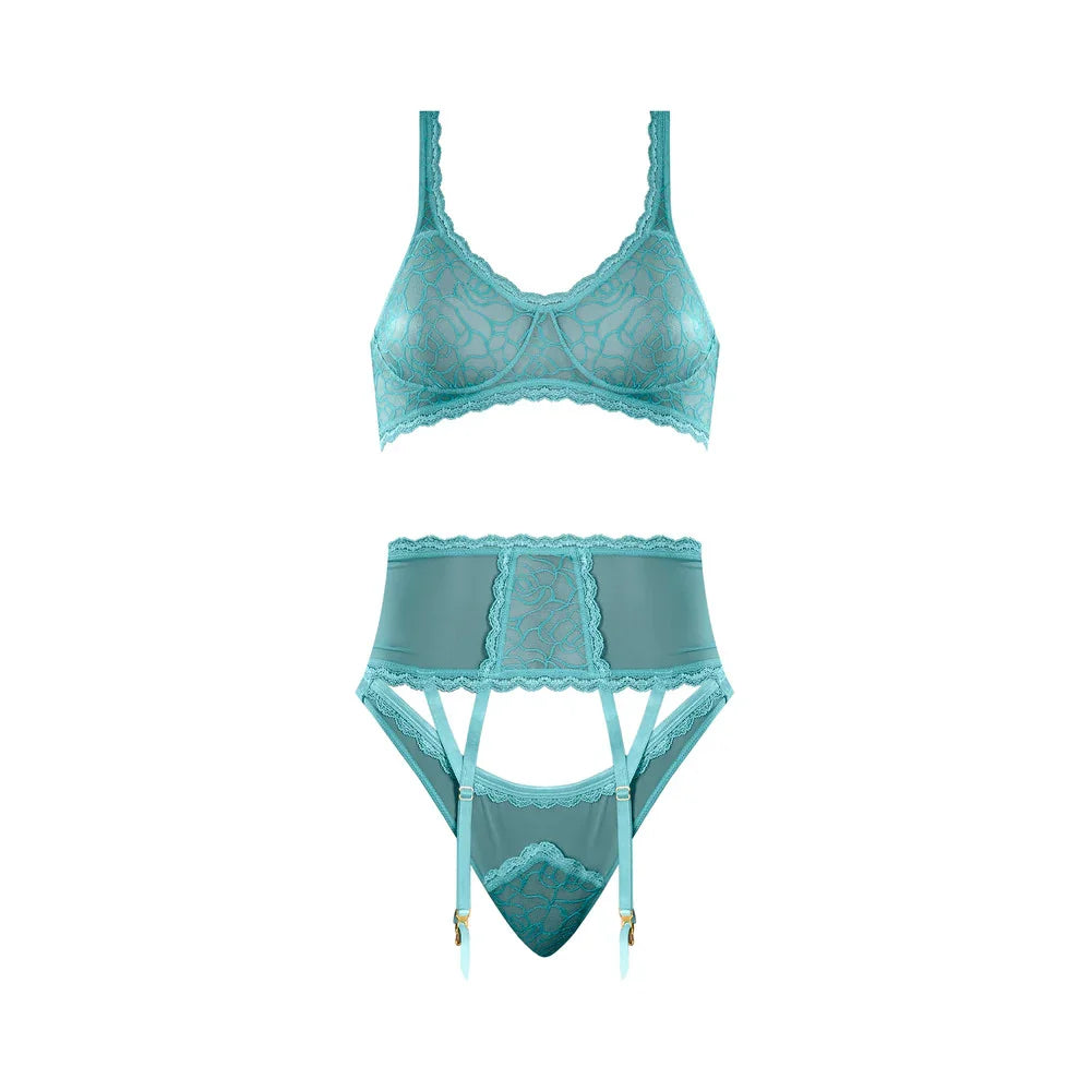 Magic Silk Soft Petals Floral Mesh Bralette with Waist Cincher, Garter Straps & Cheeky Panty Aqua
