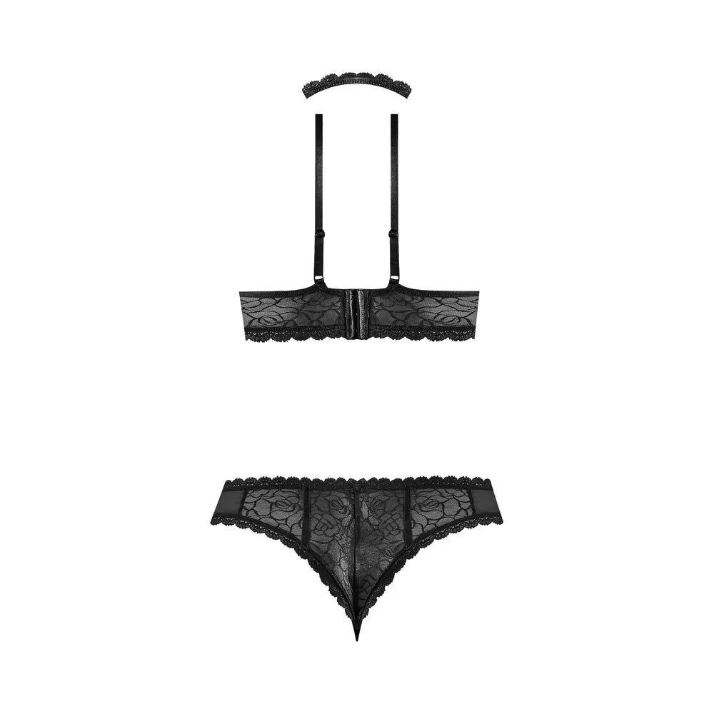 Magic Silk Soft Petals Floral Mesh Cupless Bra with Split Crotch & Peek-A-Boo Cutout Panty Black