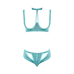 Magic Silk Soft Petals Floral Mesh Cupless Bra with Split Crotch & Peek-A-Boo Cutout Panty Aqua