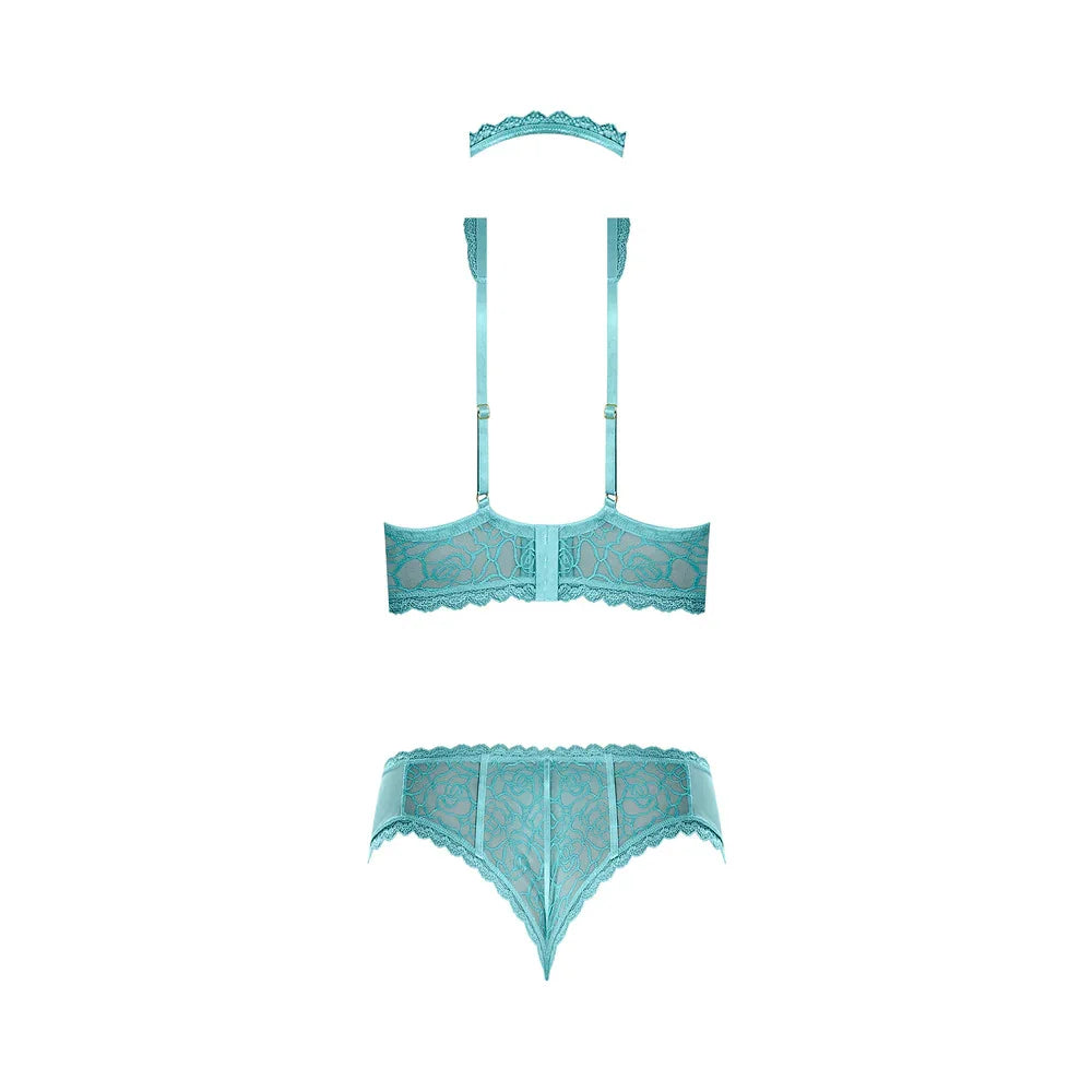 Magic Silk Soft Petals Floral Mesh Cupless Bra with Split Crotch & Peek-A-Boo Cutout Panty Aqua