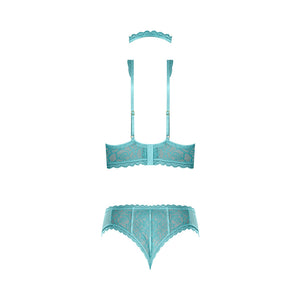 Magic Silk Soft Petals Floral Mesh Cupless Bra with Split Crotch & Peek-A-Boo Cutout Panty Aqua