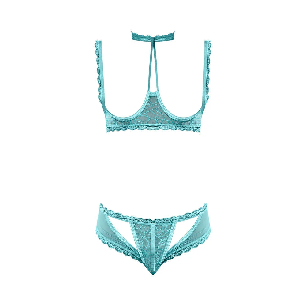 Magic Silk Soft Petals Floral Mesh Cupless Bra with Split Crotch & Peek-A-Boo Cutout Panty Aqua