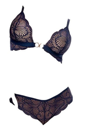 Mapale Holiday 2 PC Wavy Lace Bralette with Front Ring Fastening & Matching Open Back Panty Midnight Blue