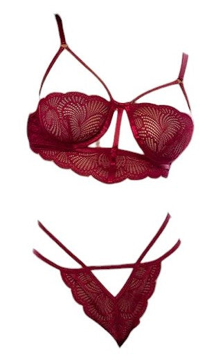 Mapale Holiday 2 PC Wavy Lace Underwire Cup Bralette with Matching Panty Rosewood Red