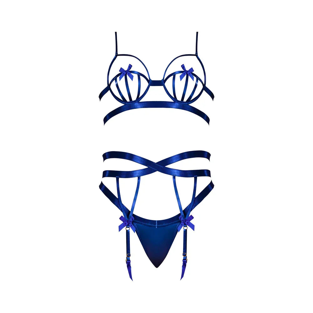 Magic Silk Holidaze Open Strap Bra With Garter & Panty Cobalt Blue