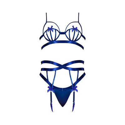 Magic Silk Holidaze Open Strap Bra With Garter & Panty Cobalt Blue
