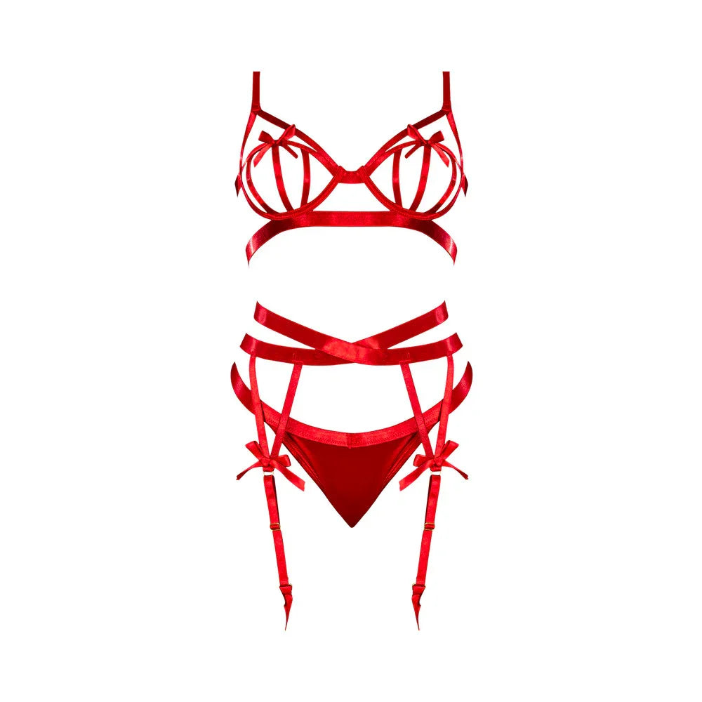 Magic Silk Holidaze Open Strap Bra With Garter & Panty Red