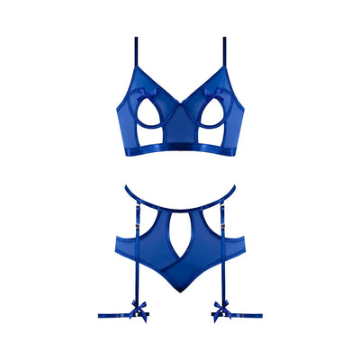 Magic Silk Holidaze Underwire Mesh Bralette With Panty & Removable Garter Cobalt Blue