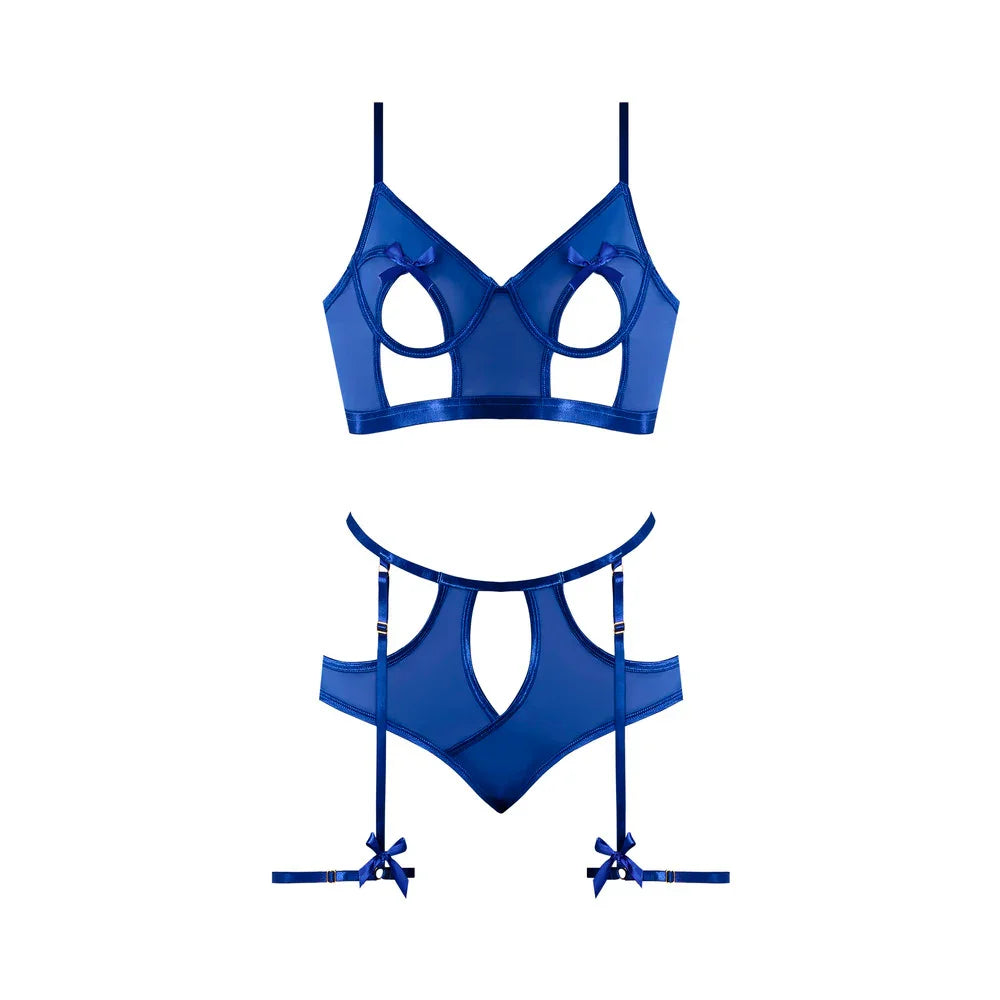 Magic Silk Holidaze Underwire Mesh Bralette With Panty & Removable Garter Cobalt Blue