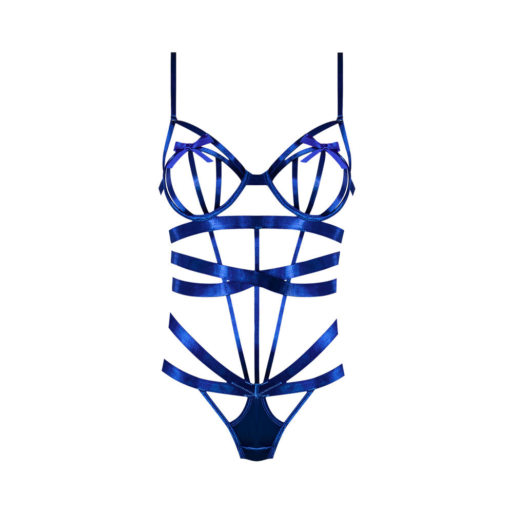 Magic Silk Holidaze Open Strap Snap Crotch Teddy with Open Cup Underwire Bra Cobalt Blue