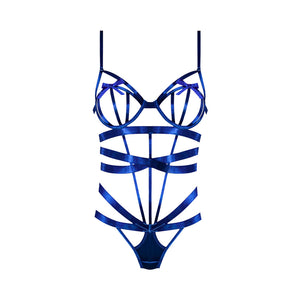 Magic Silk Holidaze Open Strap Snap Crotch Teddy with Open Cup Underwire Bra Cobalt Blue