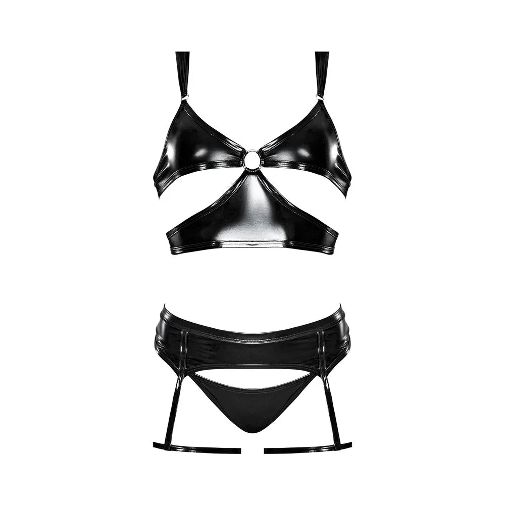 Magic Silk Liquid Onyx Wetlook Under Cutout Bralette with Panty & Garter Leg Stirrups Black