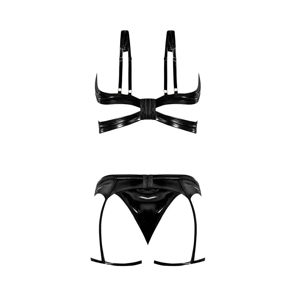 Magic Silk Liquid Onyx Wetlook Under Cutout Bralette with Panty & Garter Leg Stirrups Black